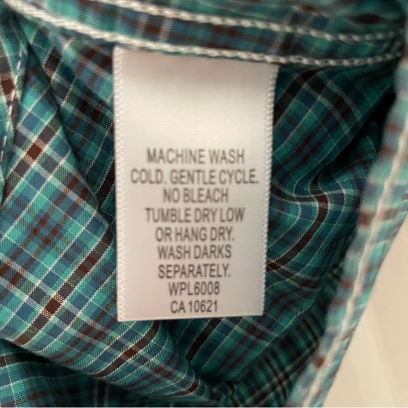 Panhandle Rough Stock turquoise and brown plaid long-sleeve western shirt, Med - Picture 6 of 9